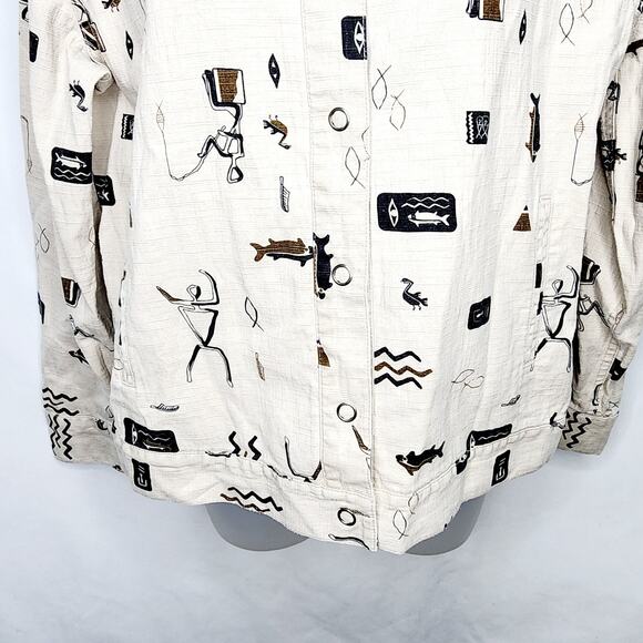 Chico's Design Vintage Tan Egyptian Hieroglyph  Fishing Print Jacket Size M - Picture 8 of 14